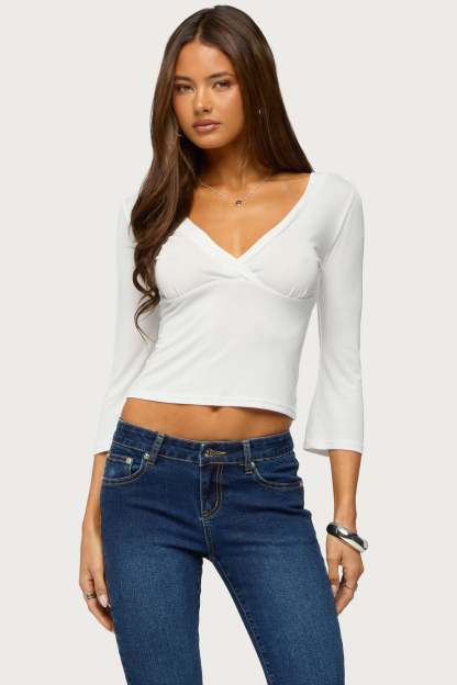Mar V Neck Three-Quarter Sleeve Top - CREAM
