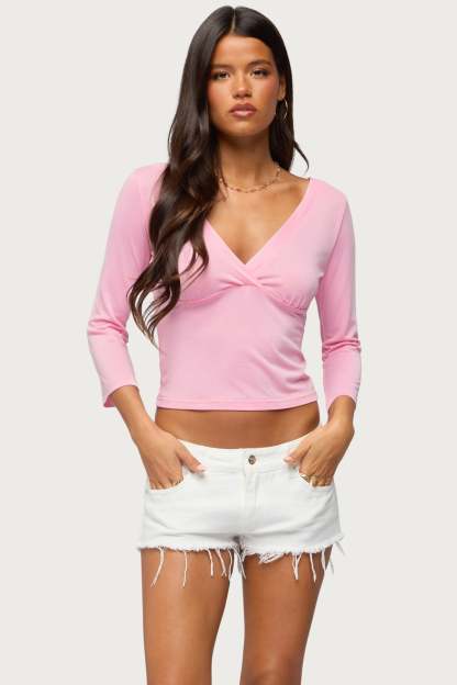 Mar V Neck Three-Quarter Sleeve Top - PINK