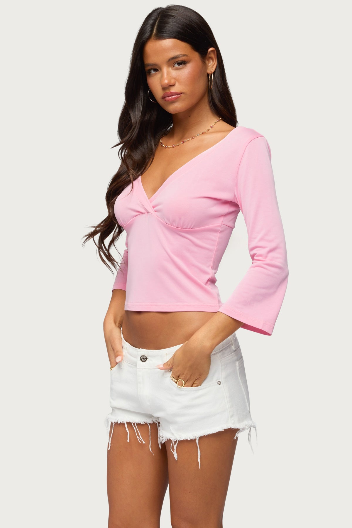 Mar V Neck Three-Quarter Sleeve Top - PINK