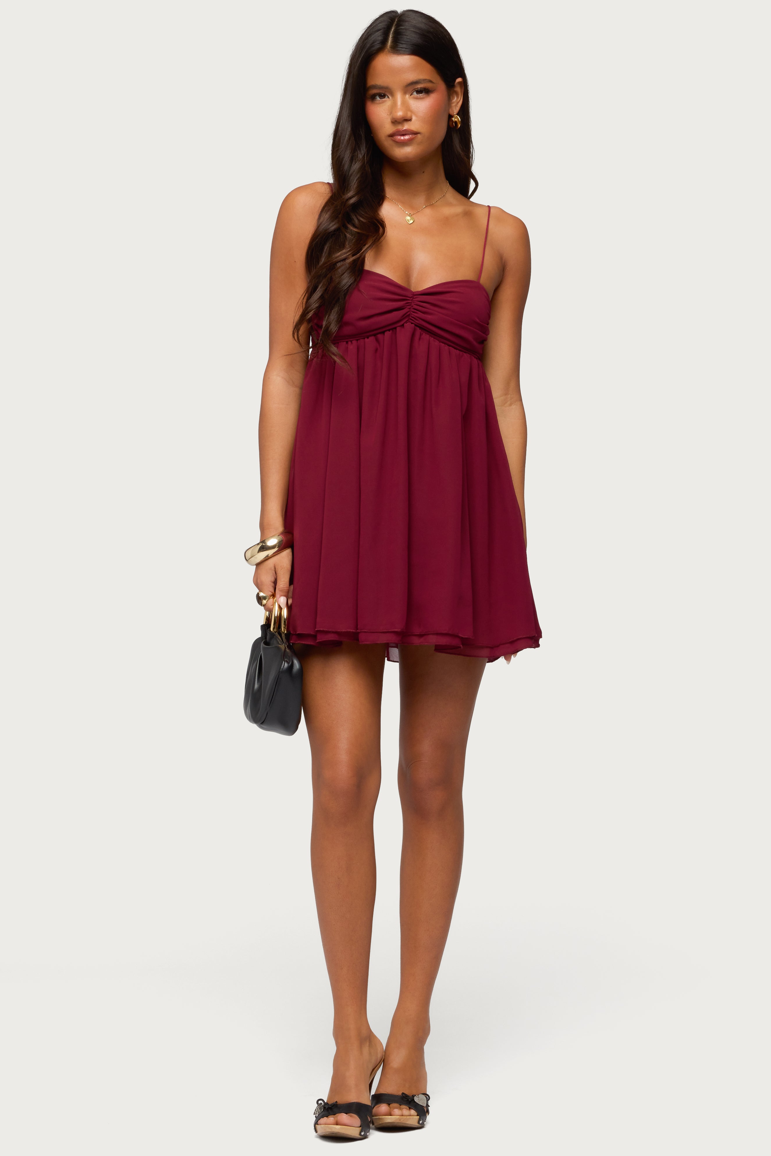 Ariellah Chiffon Babydoll Mini Dress - BURGUNDY