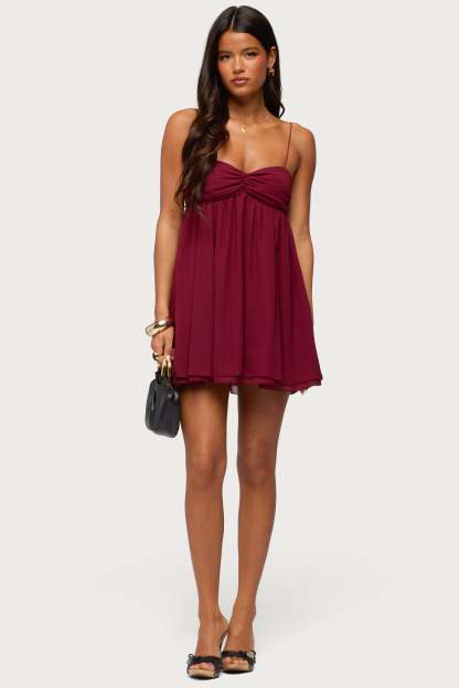 Ariellah Chiffon Babydoll Mini Dress - BURGUNDY