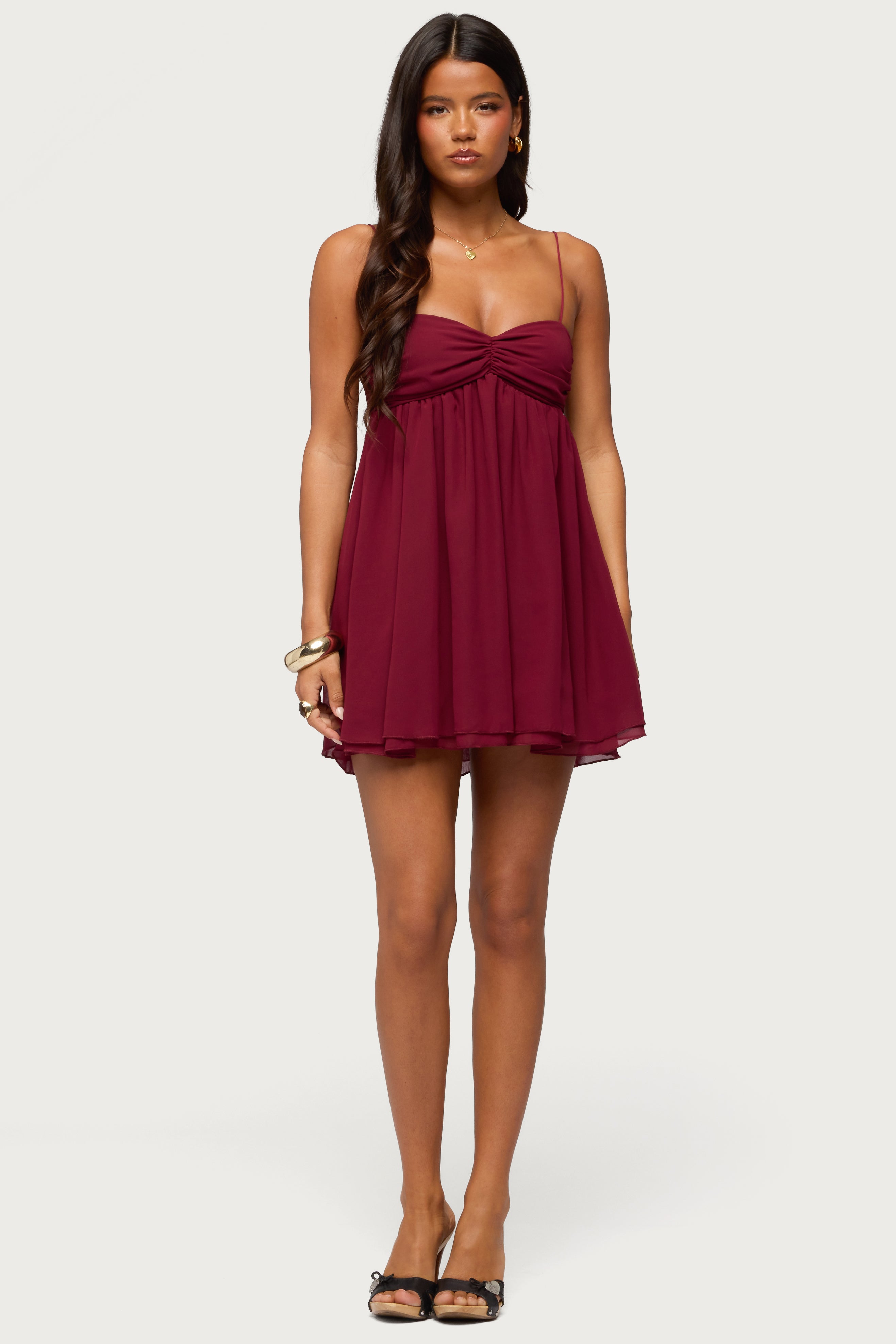 Ariellah Chiffon Babydoll Mini Dress - BURGUNDY