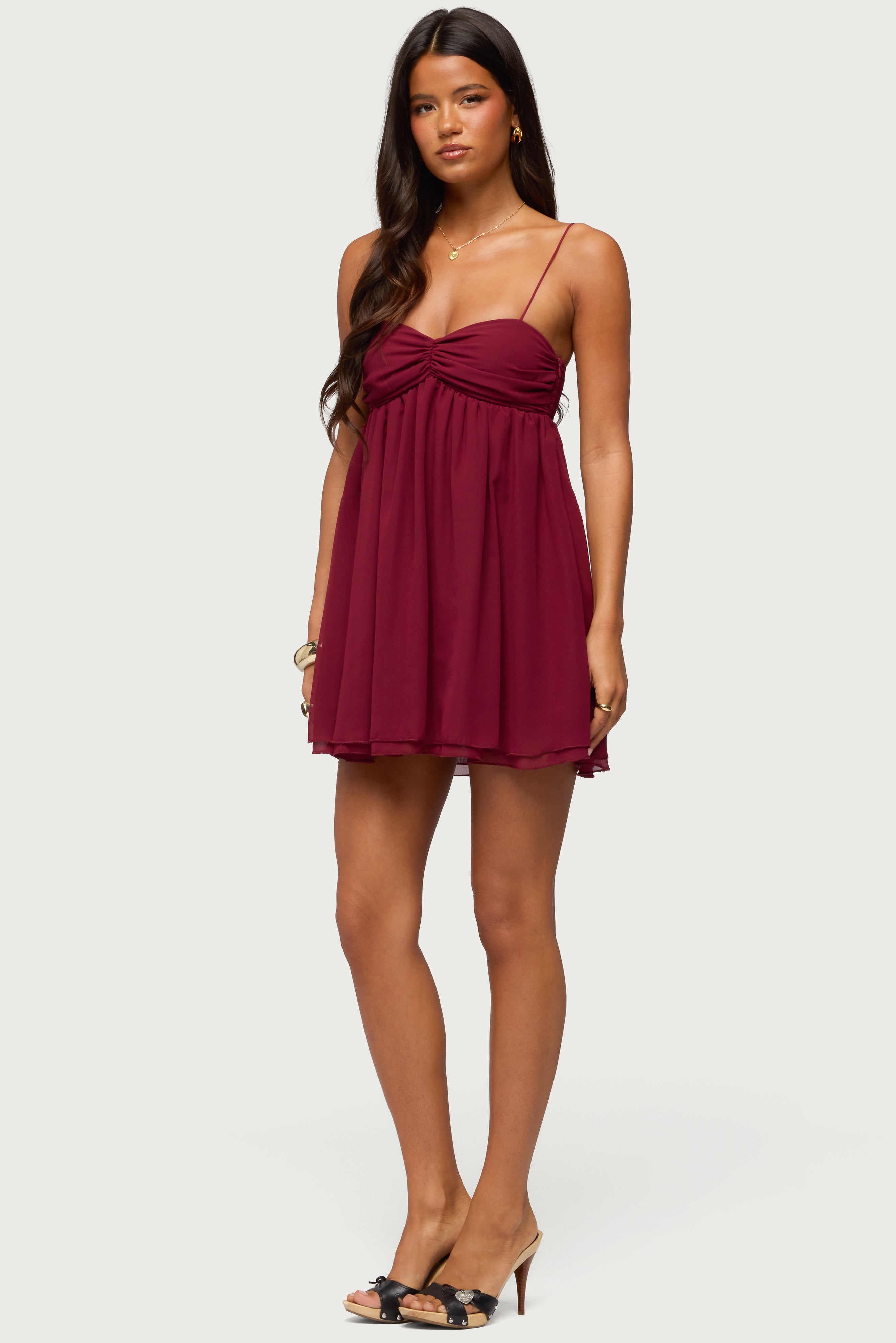 Ariellah Chiffon Babydoll Mini Dress - BURGUNDY