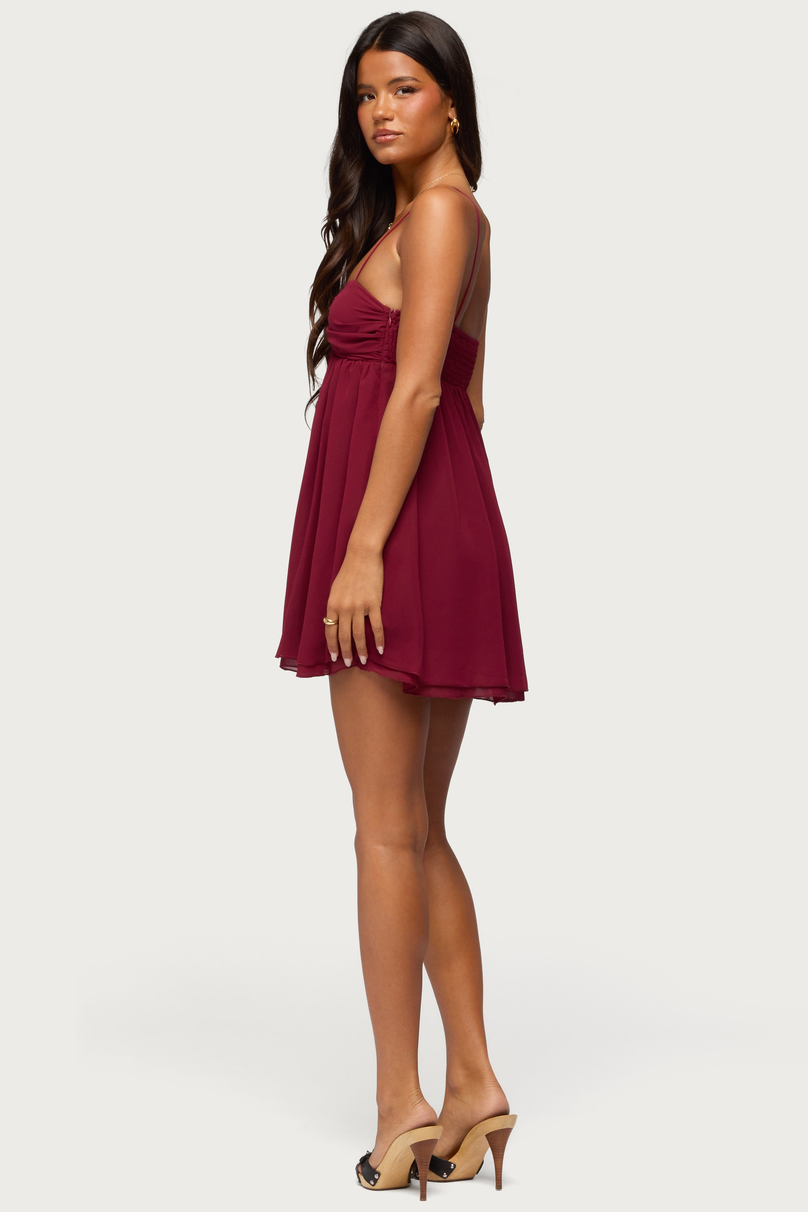 Ariellah Chiffon Babydoll Mini Dress - BURGUNDY