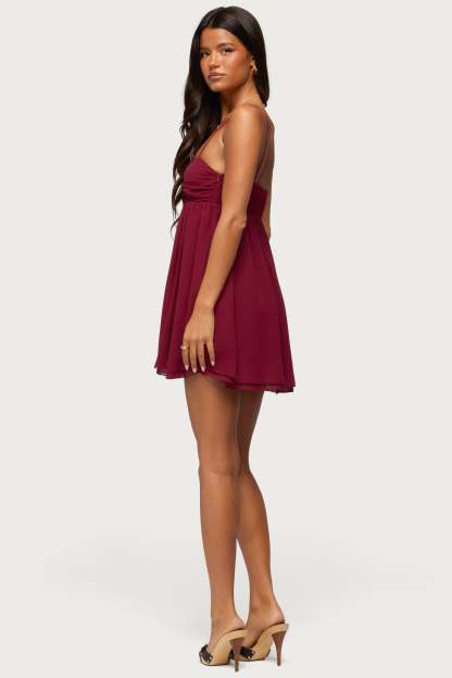 Ariellah Chiffon Babydoll Mini Dress - BURGUNDY