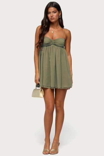Ariellah Chiffon Babydoll Mini Dress - OLIVE