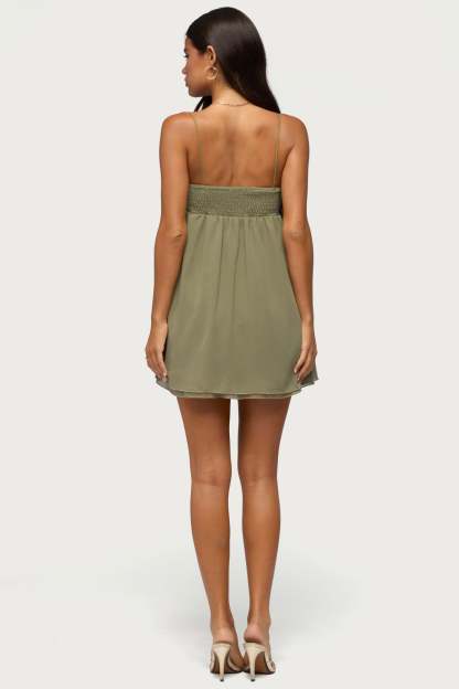 Ariellah Chiffon Babydoll Mini Dress - OLIVE