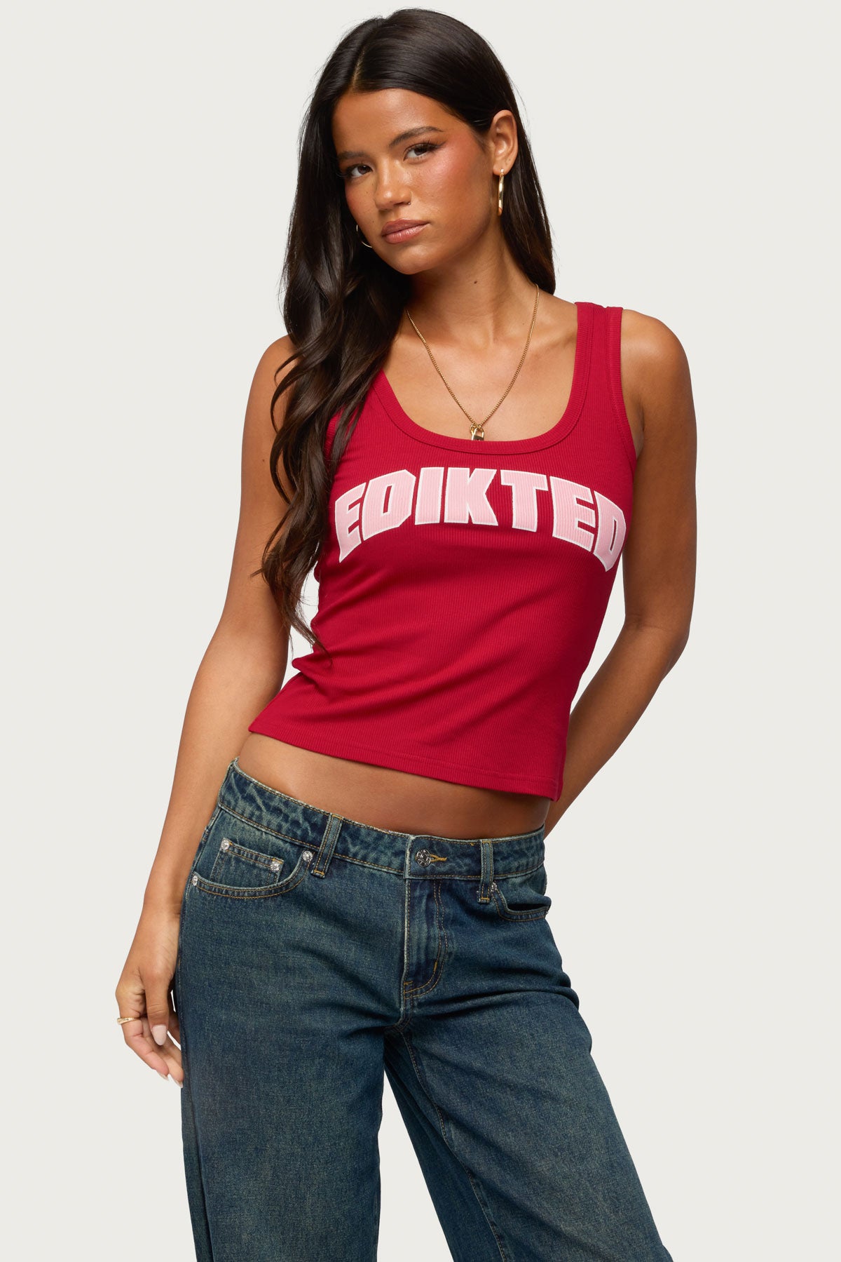 Edikted Girly Ribbed Tank Top - BURGUNDY
