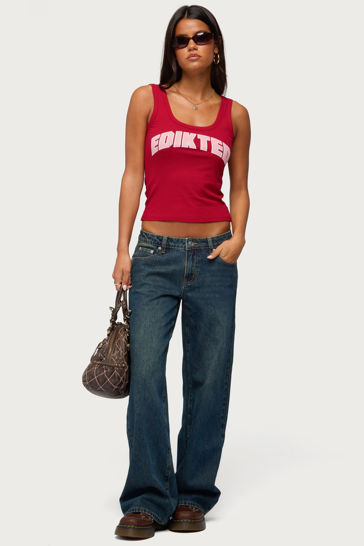 Edikted Girly Ribbed Tank Top - BURGUNDY