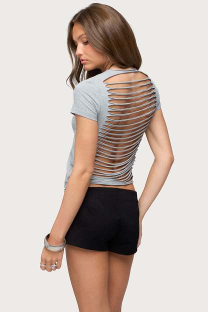 Izabelle Shredded Back Top - GRAY-MELANGE