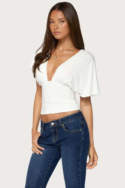 Betee Flutter Plunge Neck Top - CREAM