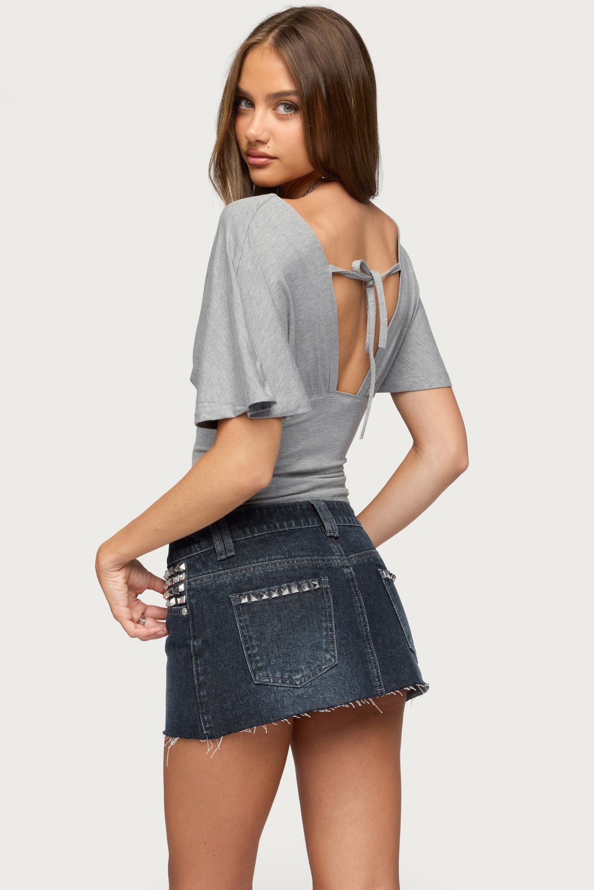 Betee Flutter Plunge Neck Top - GRAY-MELANGE