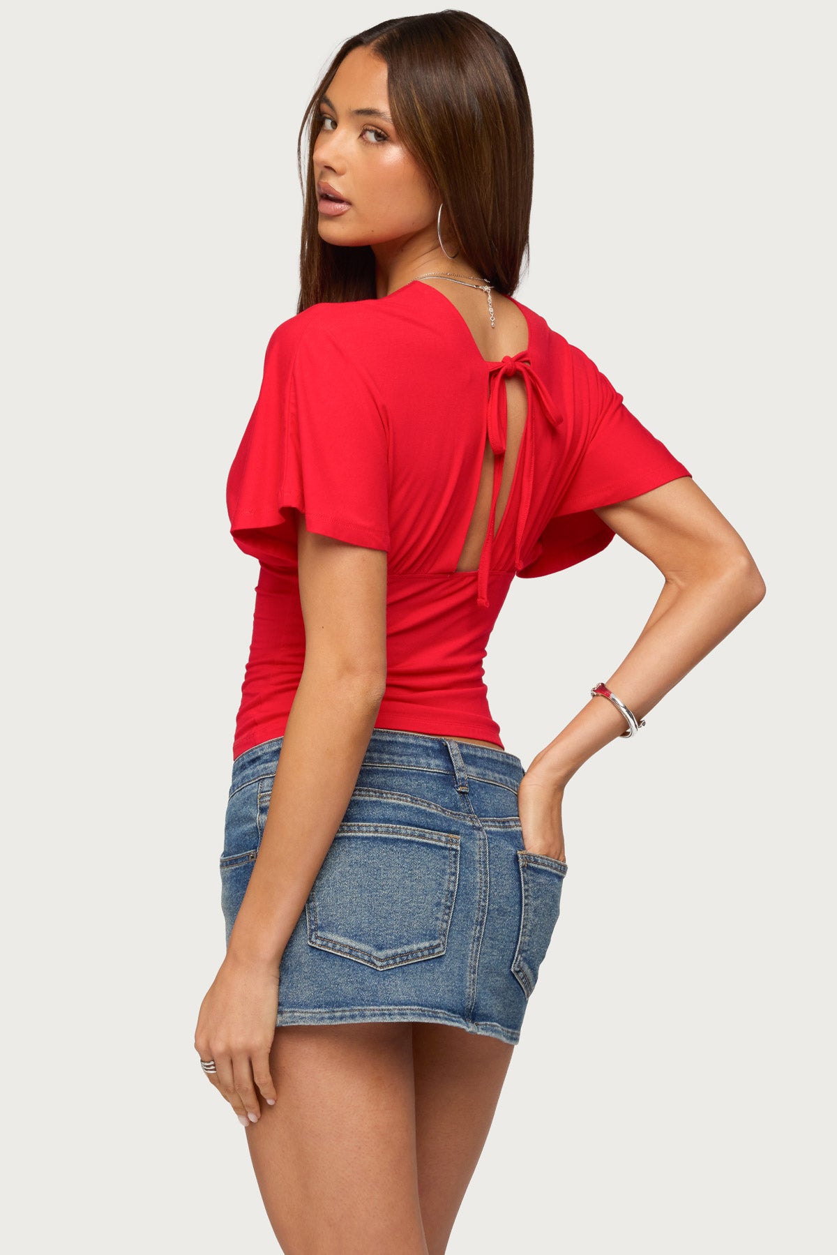 Betee Flutter Plunge Neck Top - RED