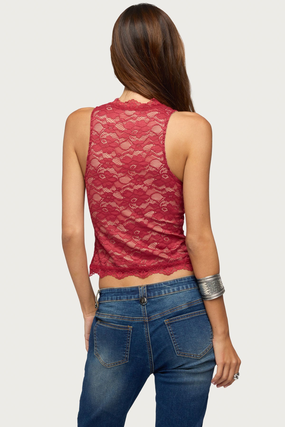 Frieda Keyhole Cutout Lace Top - BURGUNDY