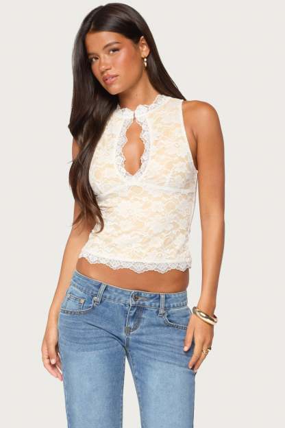 Frieda Keyhole Cutout Lace Top - CREAM