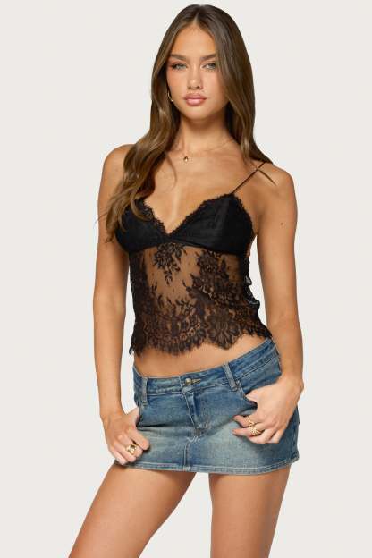 Ottilie Lace & Satin Effect Top - BLACK