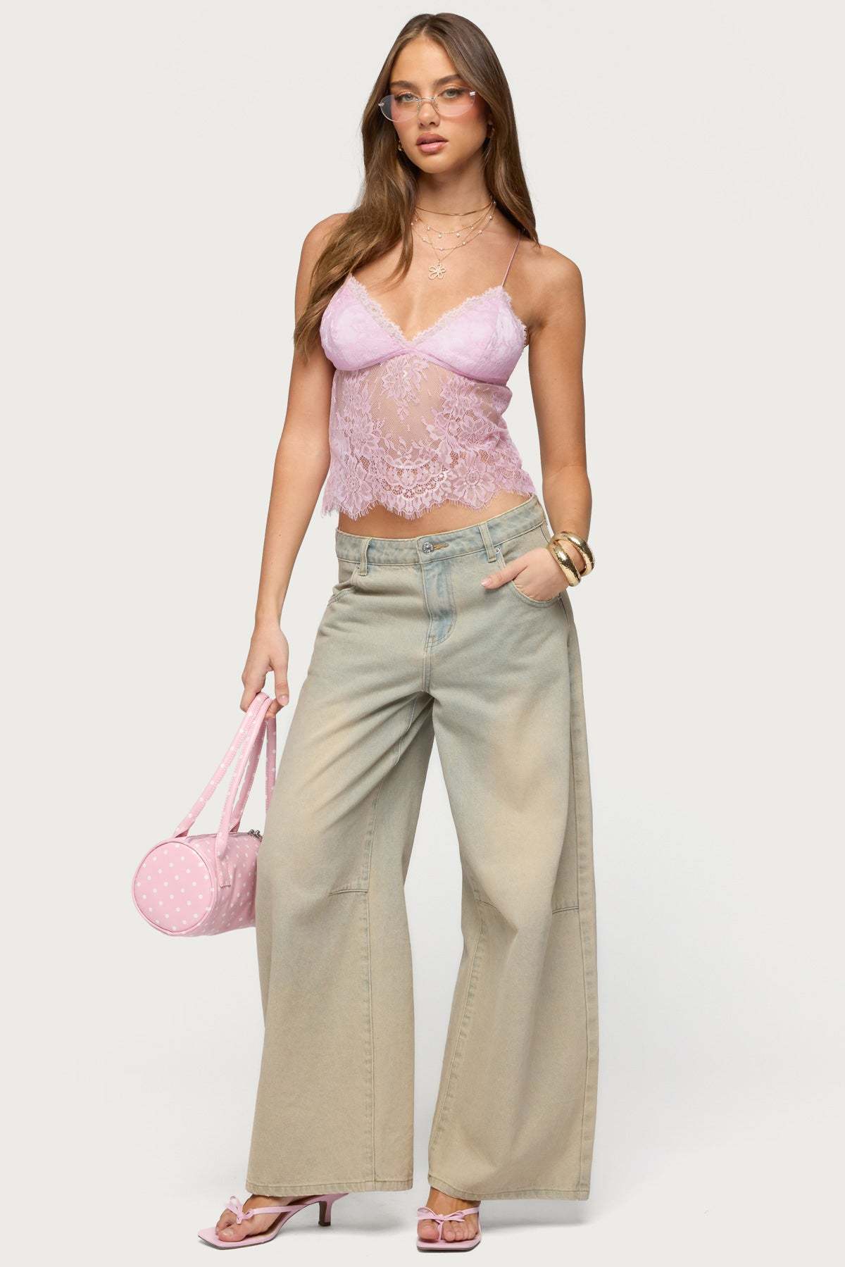 Ottilie Lace & Satin Effect Top - LIGHT-PINK