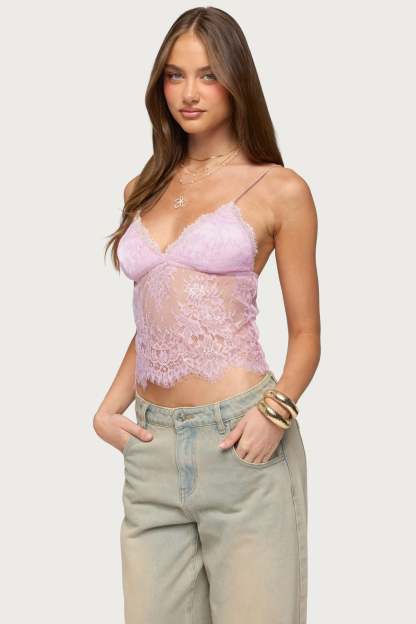 Ottilie Lace & Satin Effect Top - LIGHT-PINK