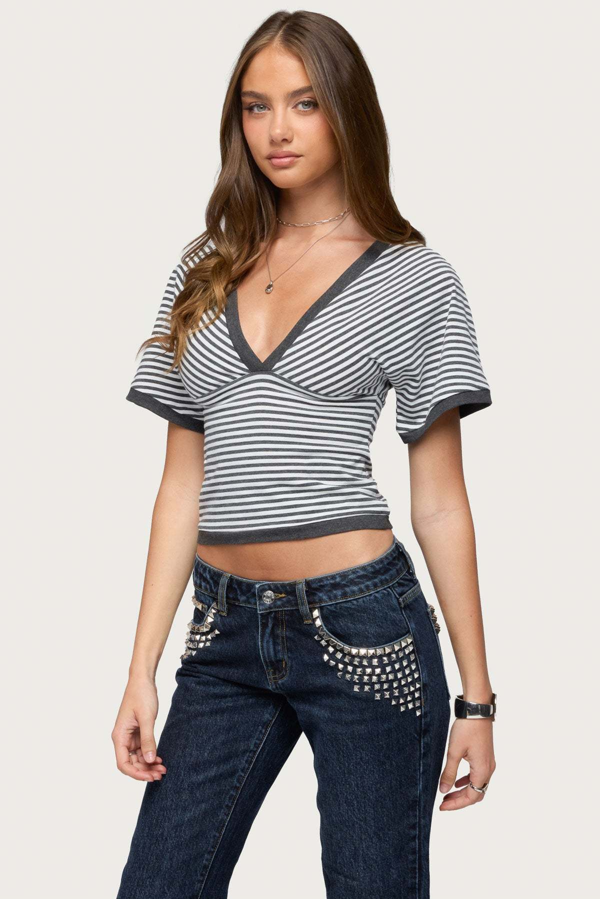Primrosa Striped V Neck Flutter Top - DARK-GRAY-MELANGE