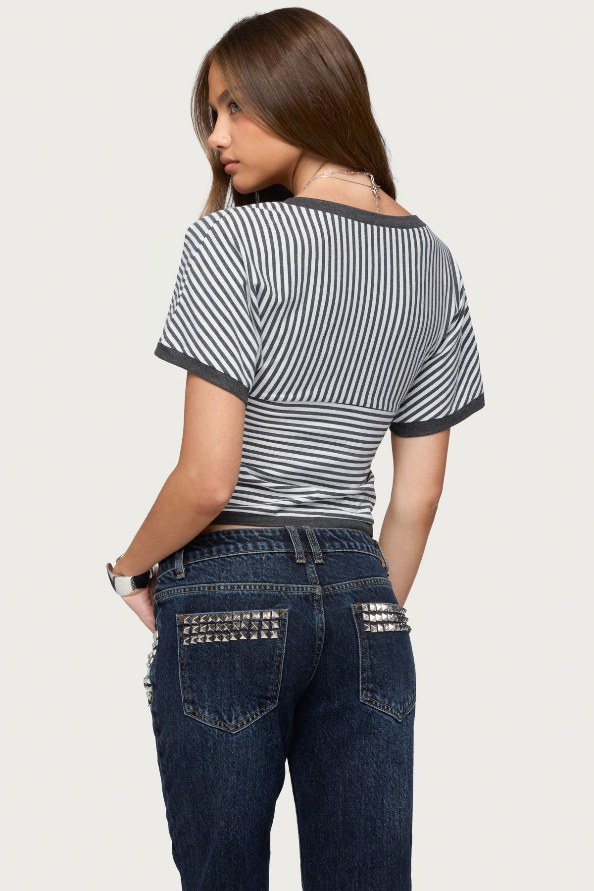 Primrosa Striped V Neck Flutter Top - DARK-GRAY-MELANGE