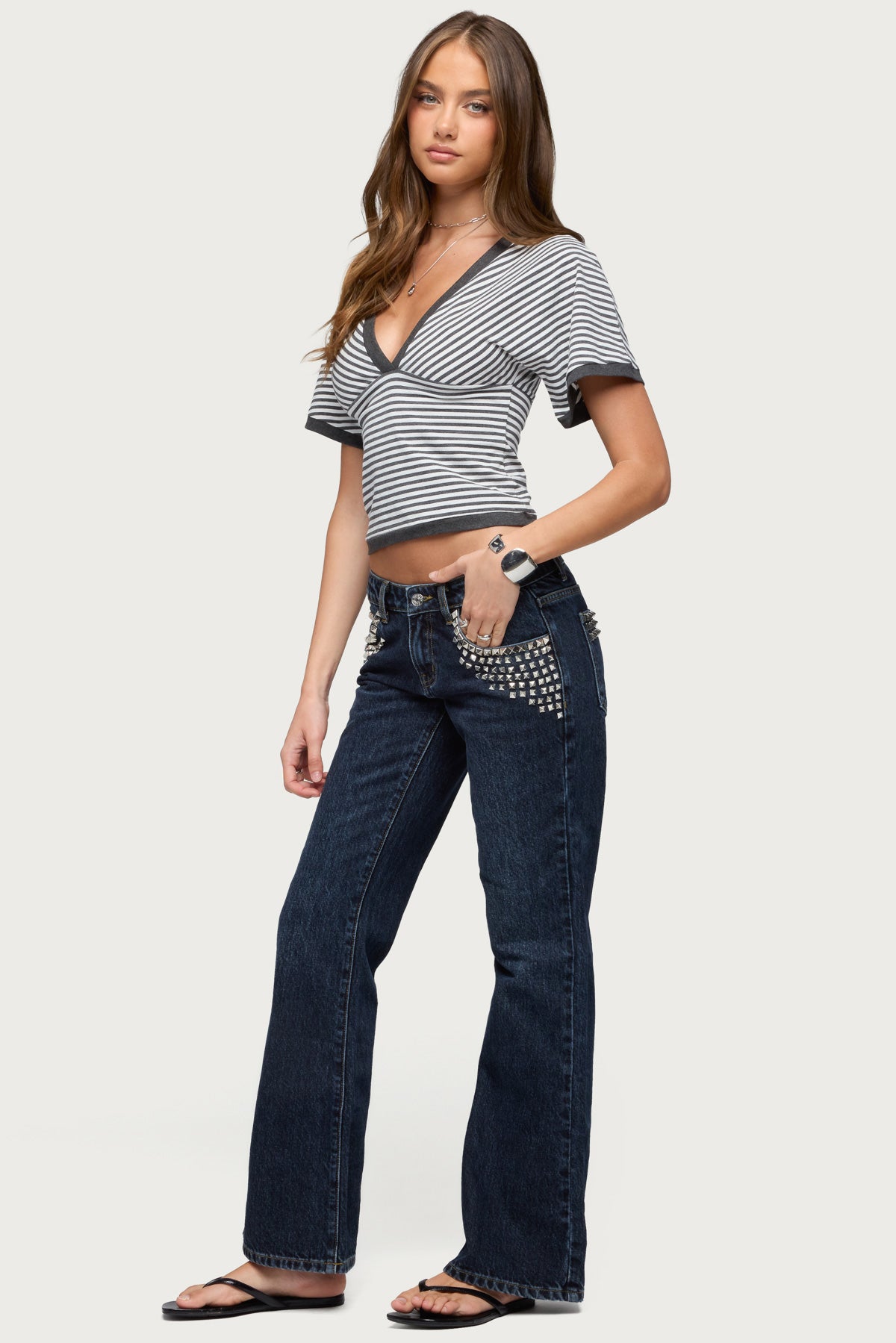 Primrosa Striped V Neck Flutter Top - DARK-GRAY-MELANGE