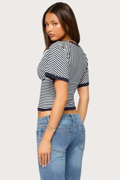 Primrosa Striped V Neck Flutter Top - NAVY-AND-WHITE