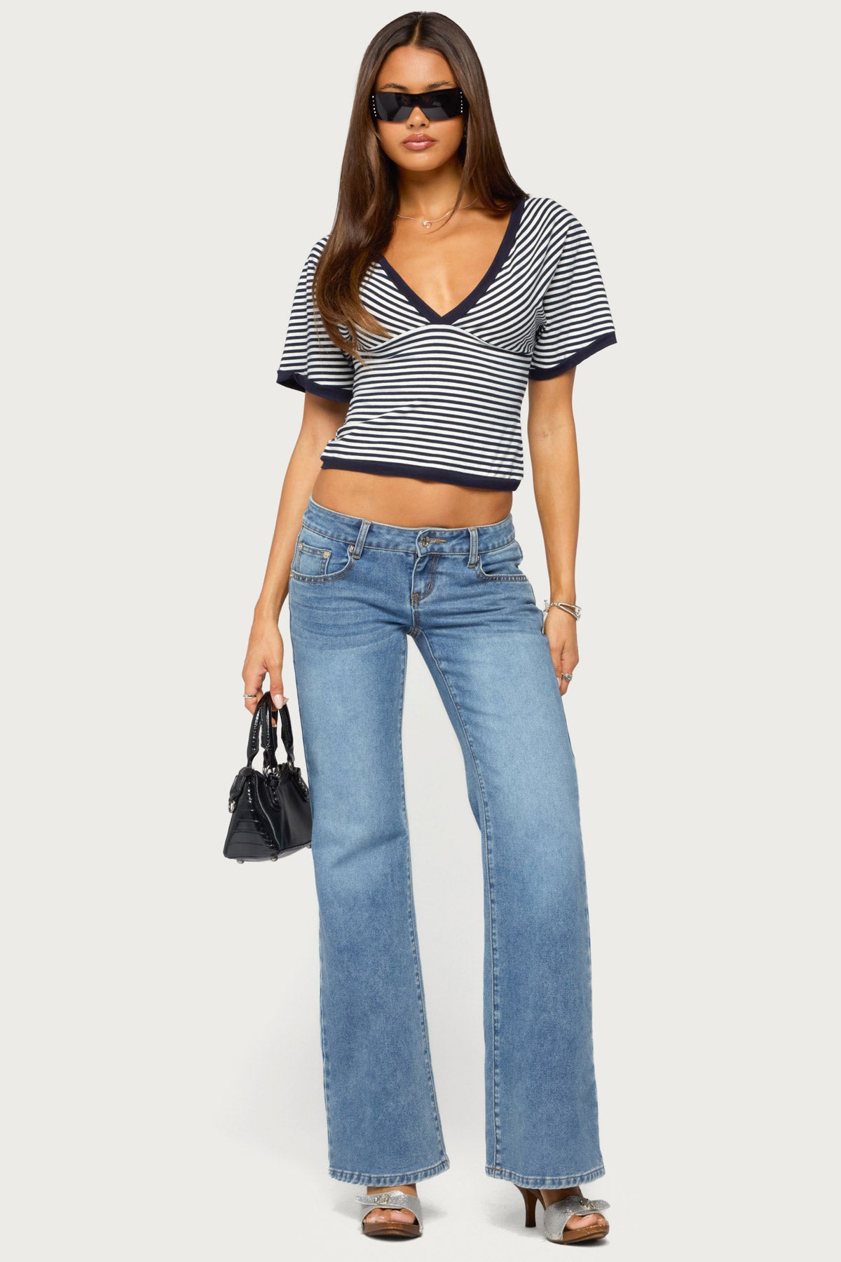 Primrosa Striped V Neck Flutter Top - NAVY-AND-WHITE