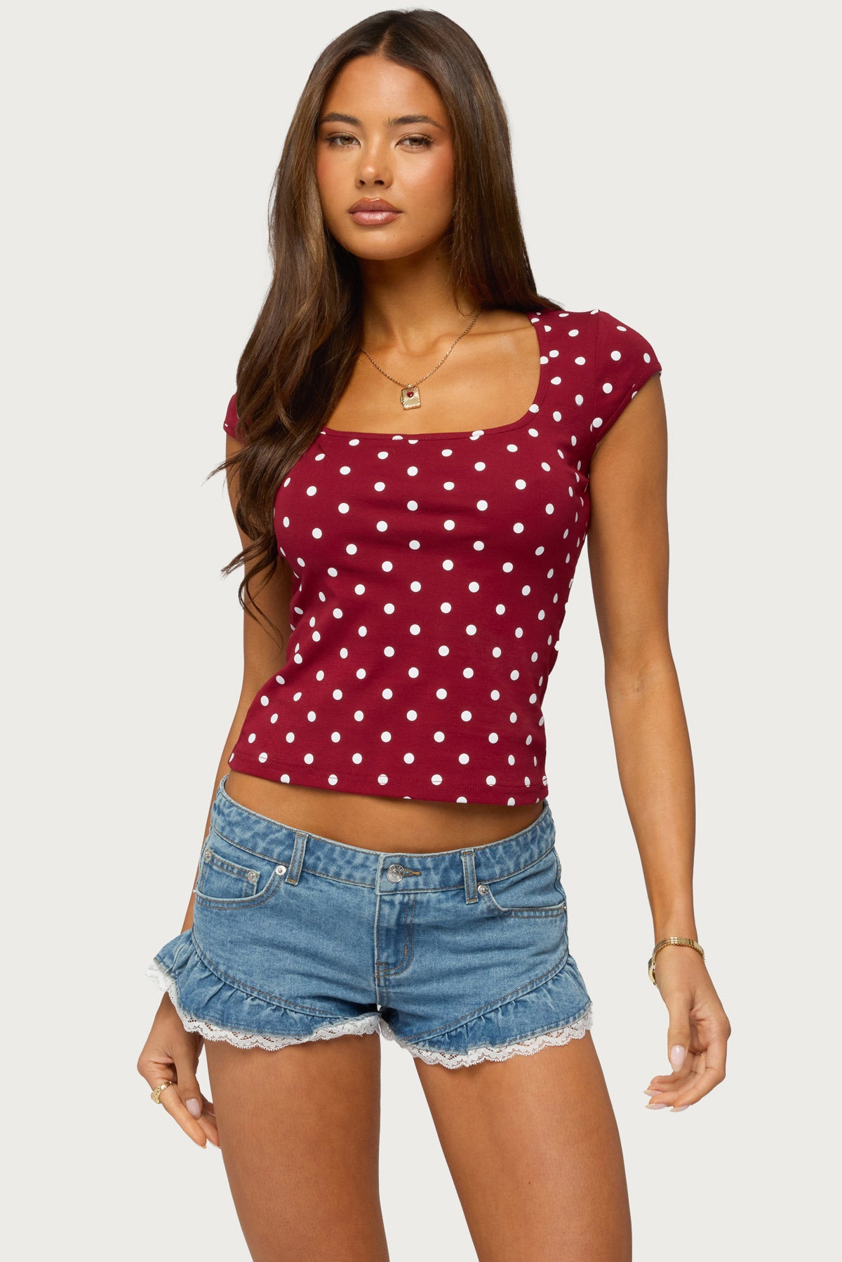 Mookie Square Neck Polka Dot Top - BURGUNDY-AND-WHITE