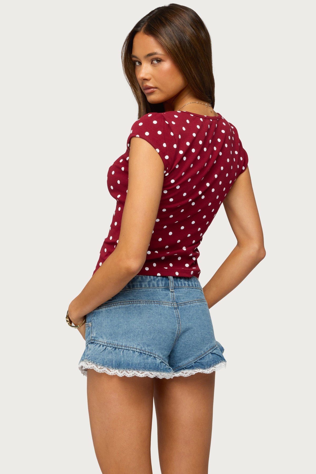 Mookie Square Neck Polka Dot Top - BURGUNDY-AND-WHITE