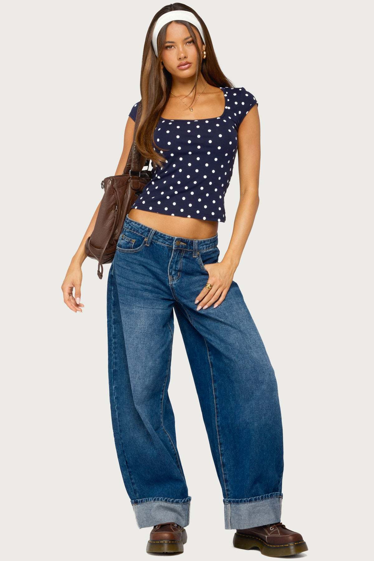 Mookie Square Neck Polka Dot Top - NAVY-AND-WHITE