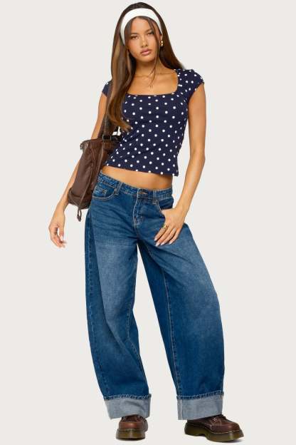 Mookie Square Neck Polka Dot Top - NAVY-AND-WHITE