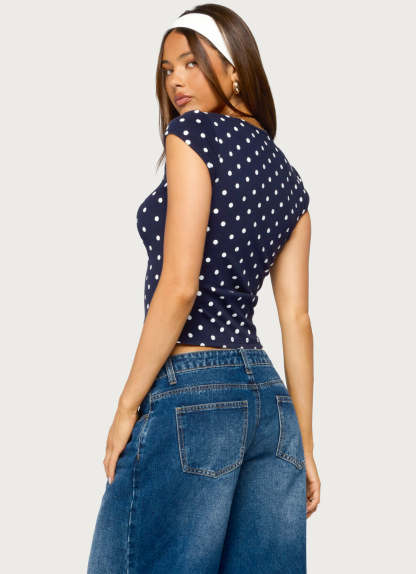 Mookie Square Neck Polka Dot Top - NAVY-AND-WHITE