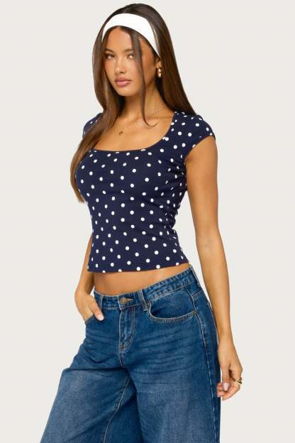 Mookie Square Neck Polka Dot Top - NAVY-AND-WHITE