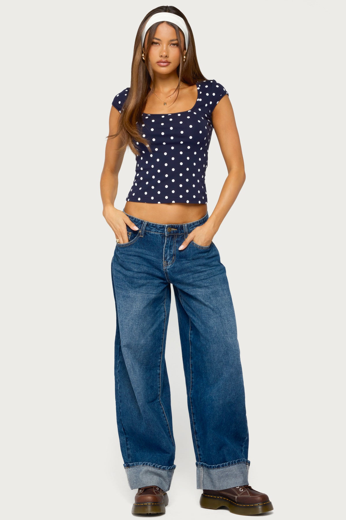 Mookie Square Neck Polka Dot Top - NAVY-AND-WHITE