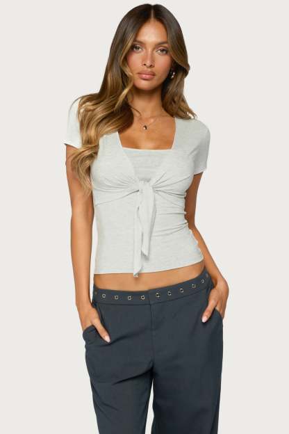 Malka Two Piece Tie Front Top - LIGHT-GRAY-MELANGE