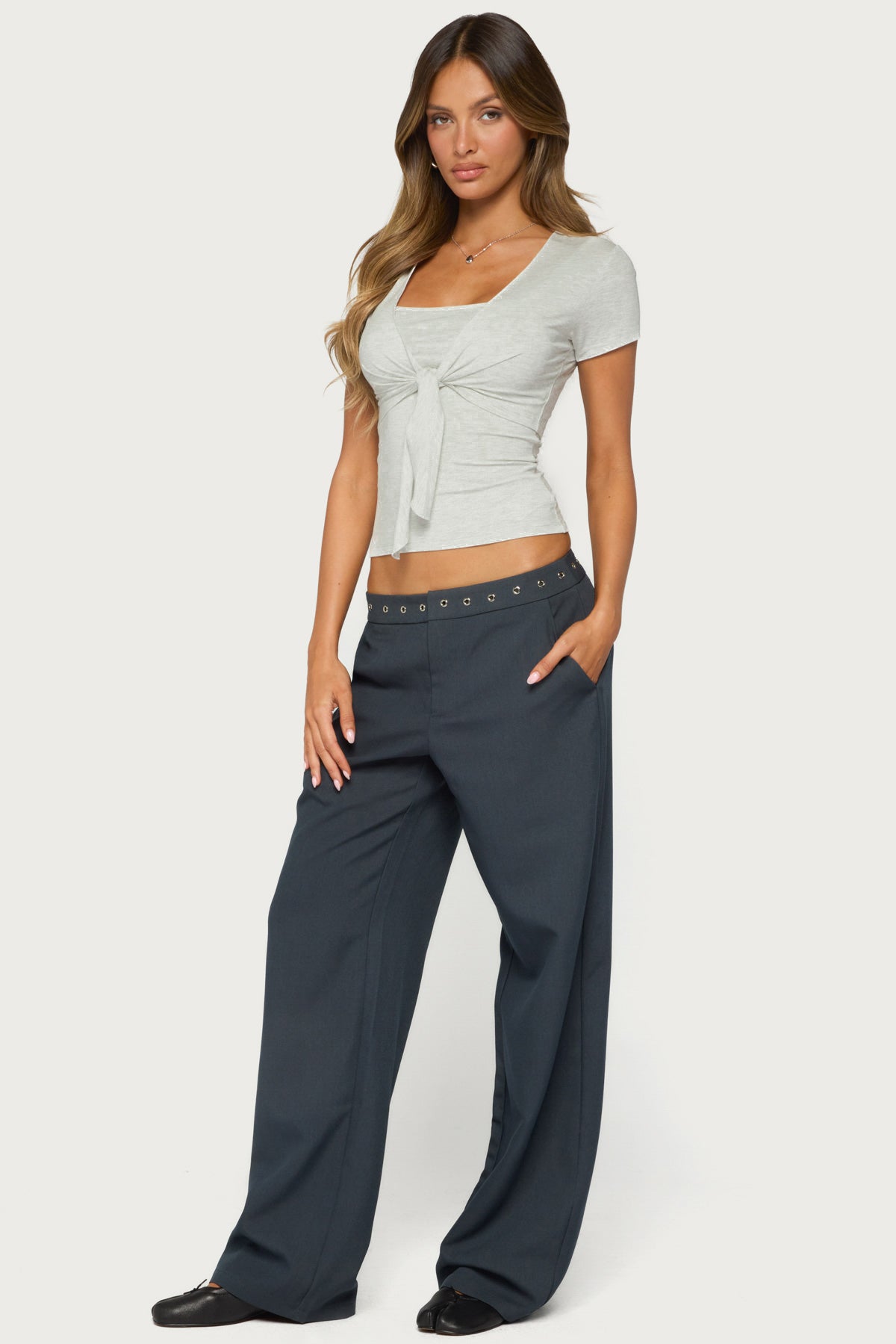 Malka Two Piece Tie Front Top - LIGHT-GRAY-MELANGE