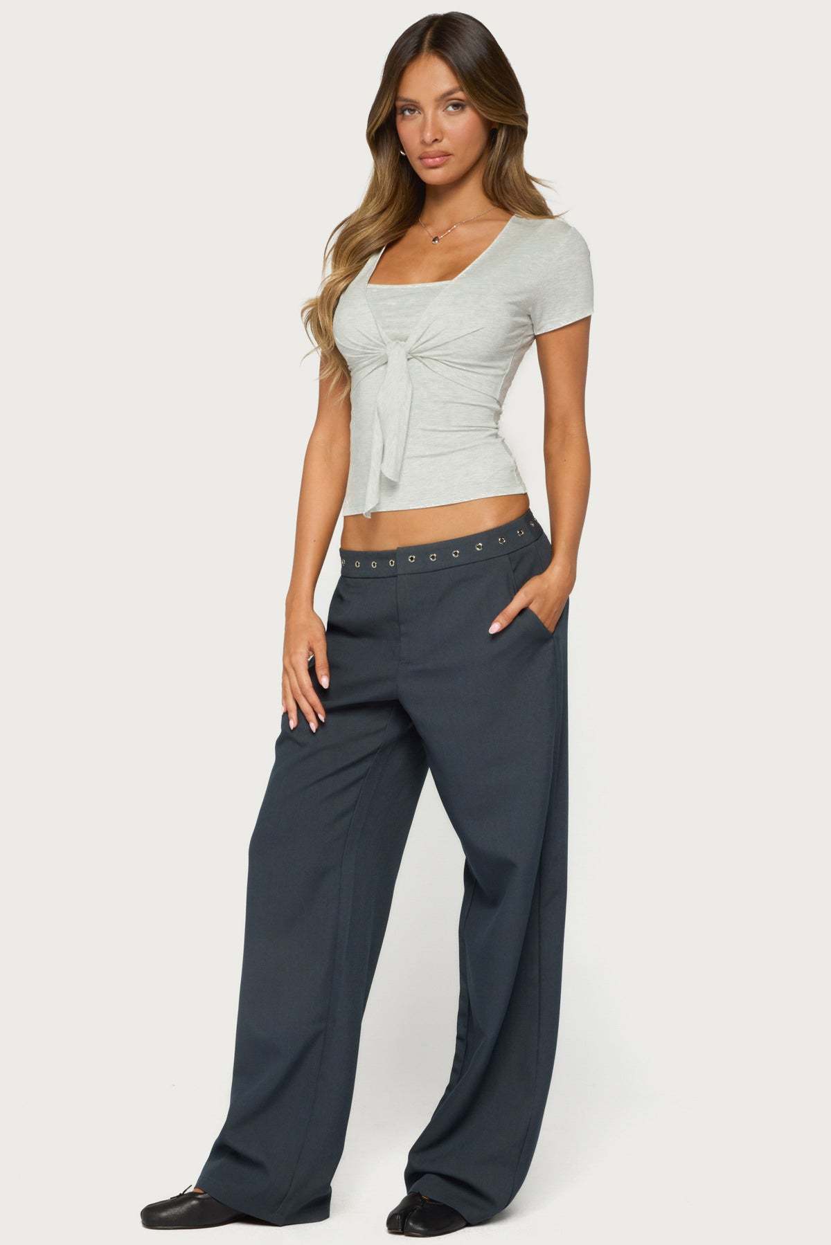 Malka Two Piece Tie Front Top - LIGHT-GRAY-MELANGE