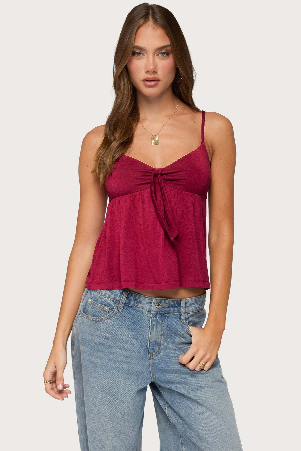 Michey Tie Front Babydoll Tank Top - BURGUNDY
