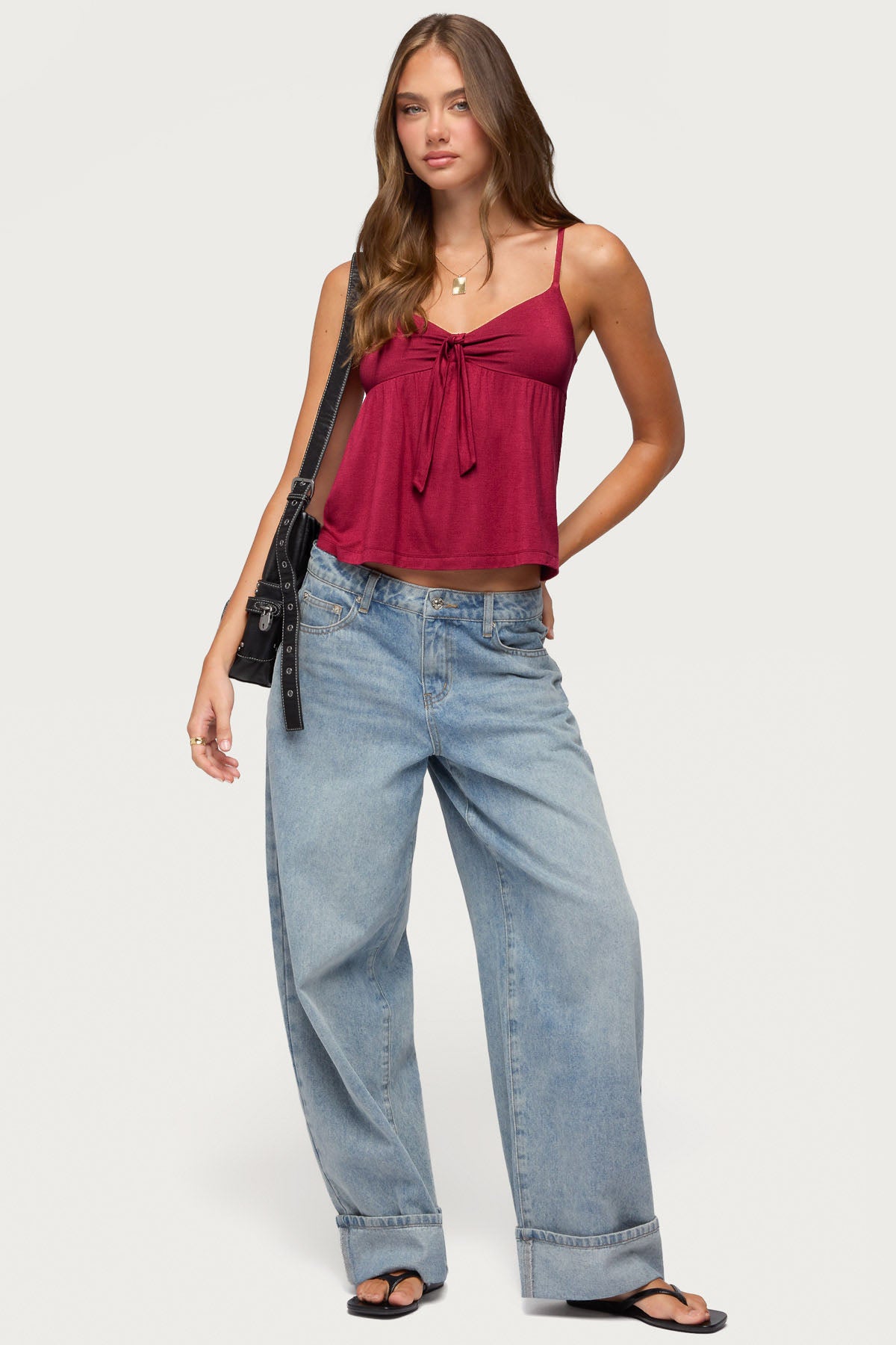 Michey Tie Front Babydoll Tank Top - BURGUNDY