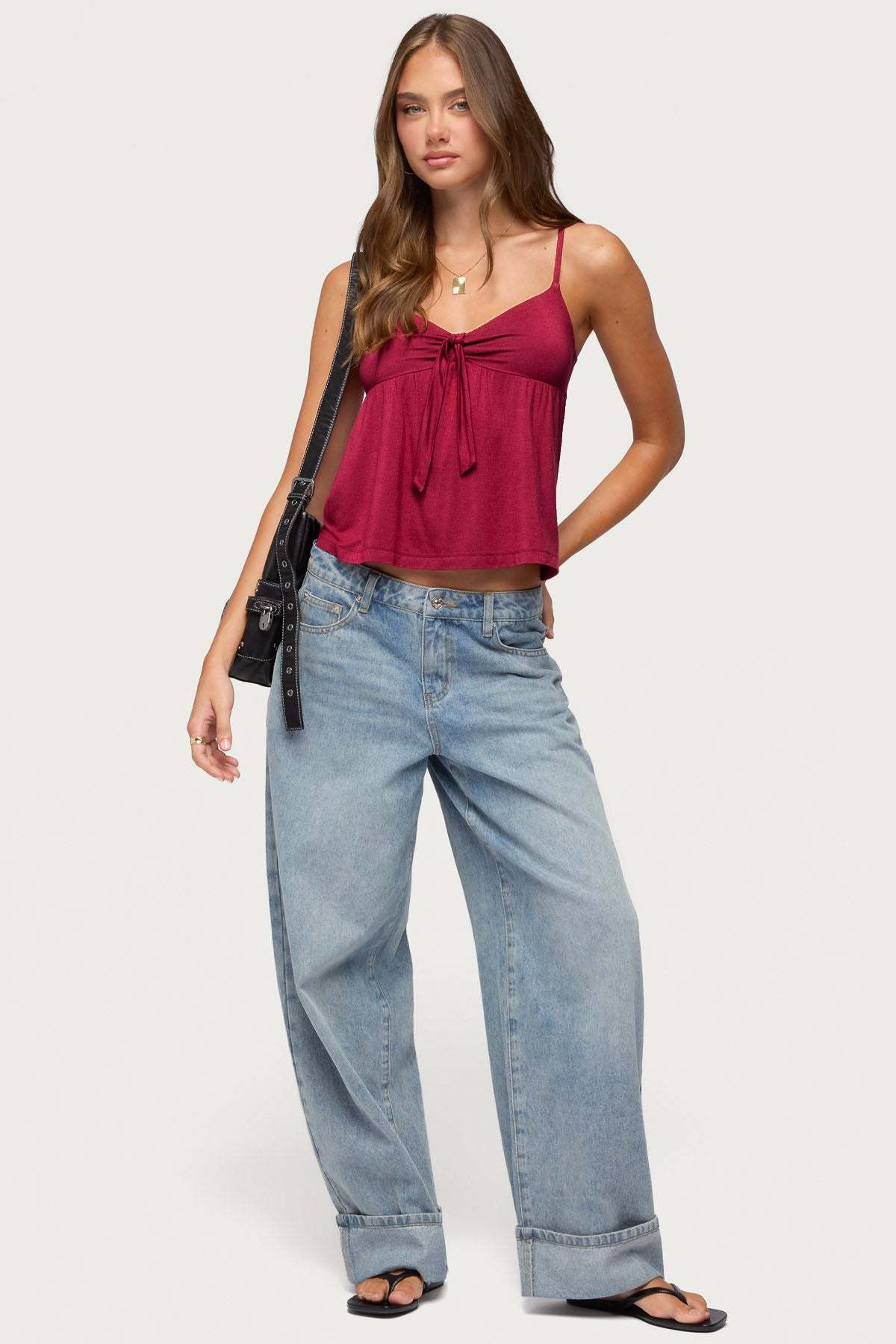 Michey Tie Front Babydoll Tank Top - BURGUNDY