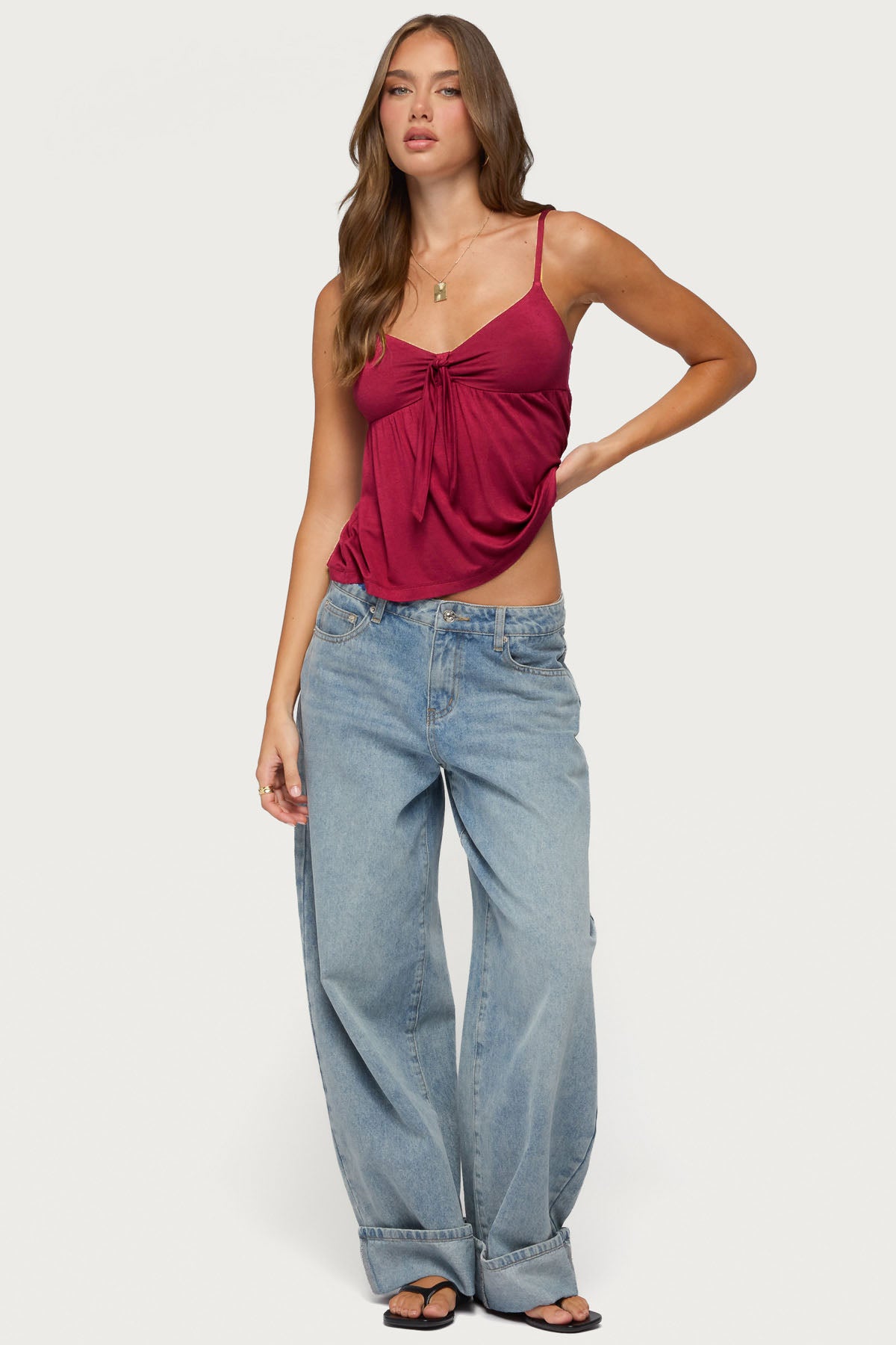 Michey Tie Front Babydoll Tank Top - BURGUNDY