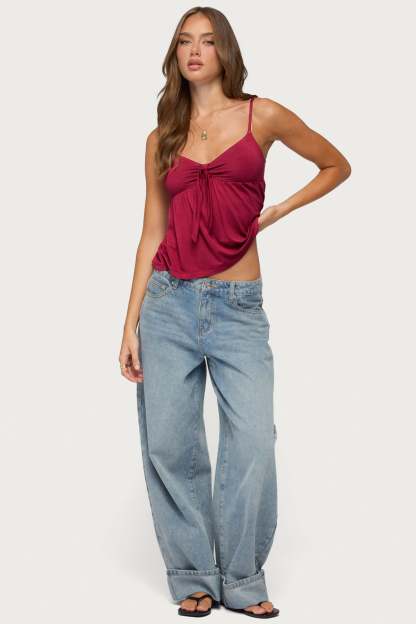 Michey Tie Front Babydoll Tank Top - BURGUNDY