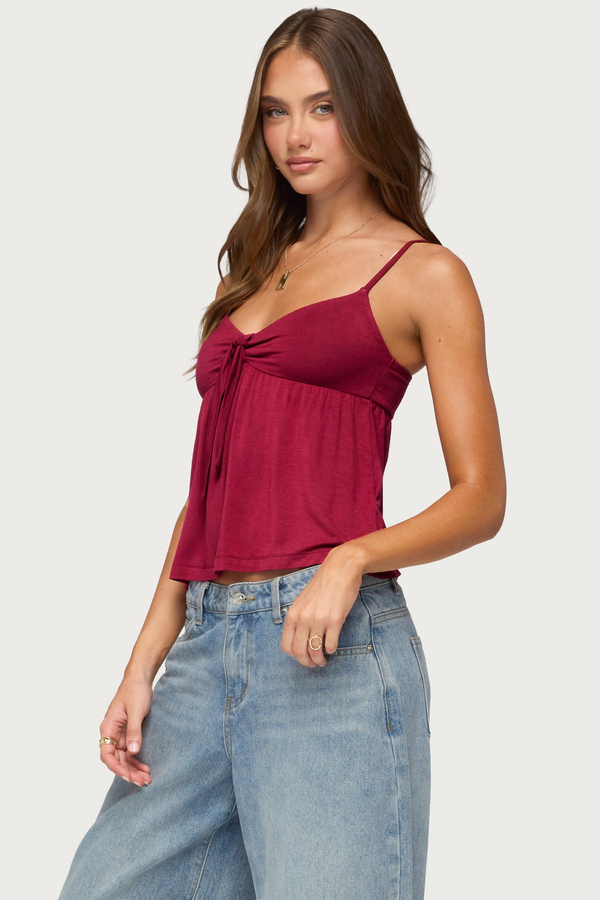 Michey Tie Front Babydoll Tank Top - BURGUNDY