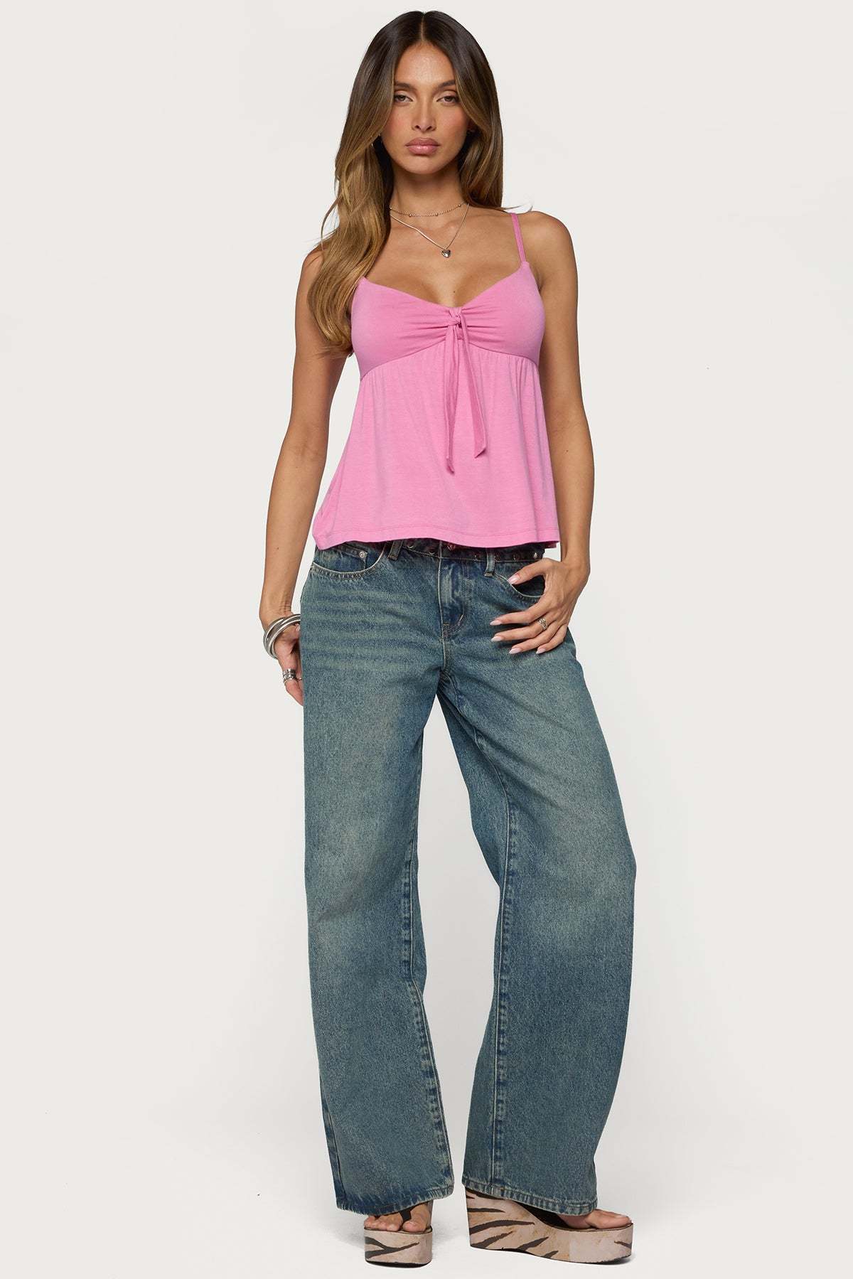 Michey Tie Front Babydoll Tank Top - FUCHSIA