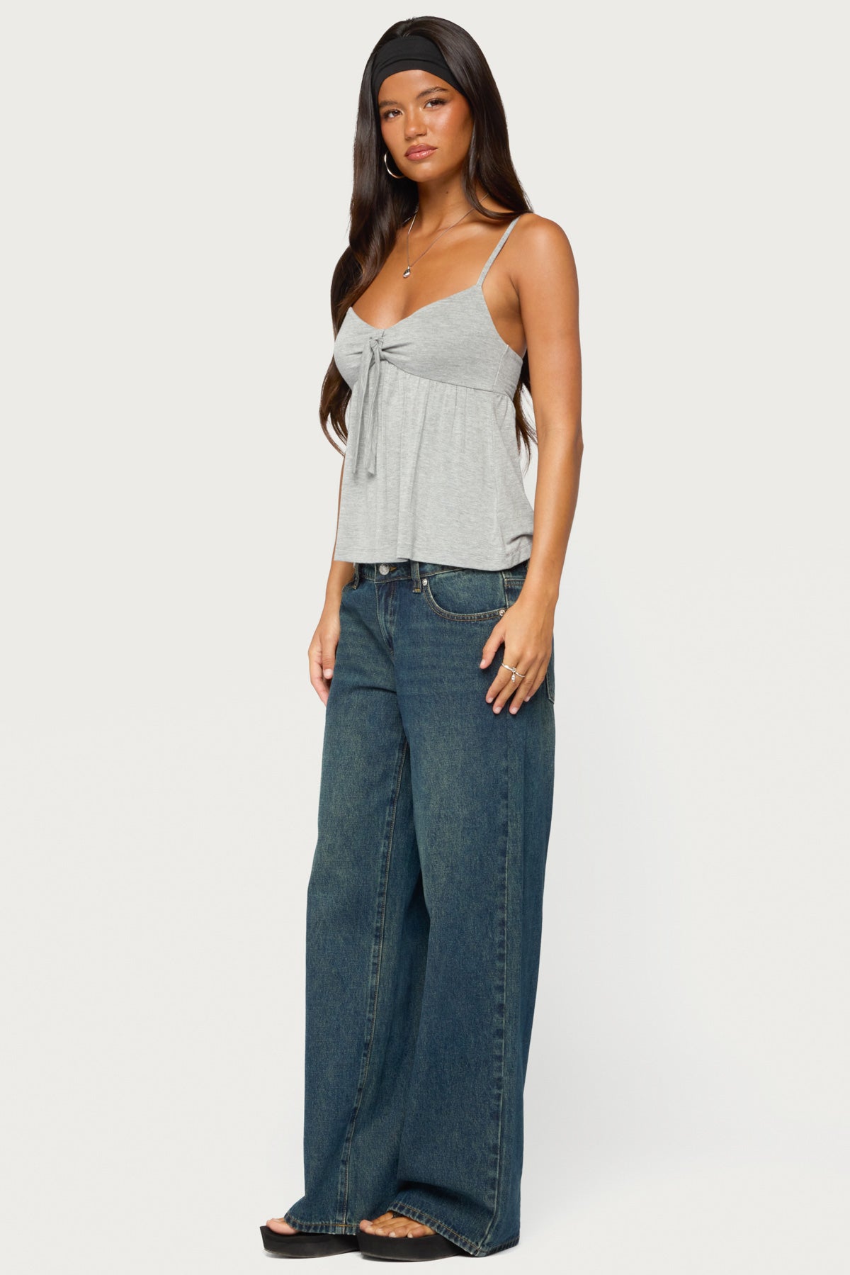 Michey Tie Front Babydoll Tank Top - GRAY-MELANGE
