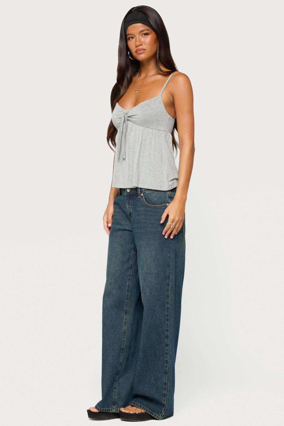 Michey Tie Front Babydoll Tank Top - GRAY-MELANGE