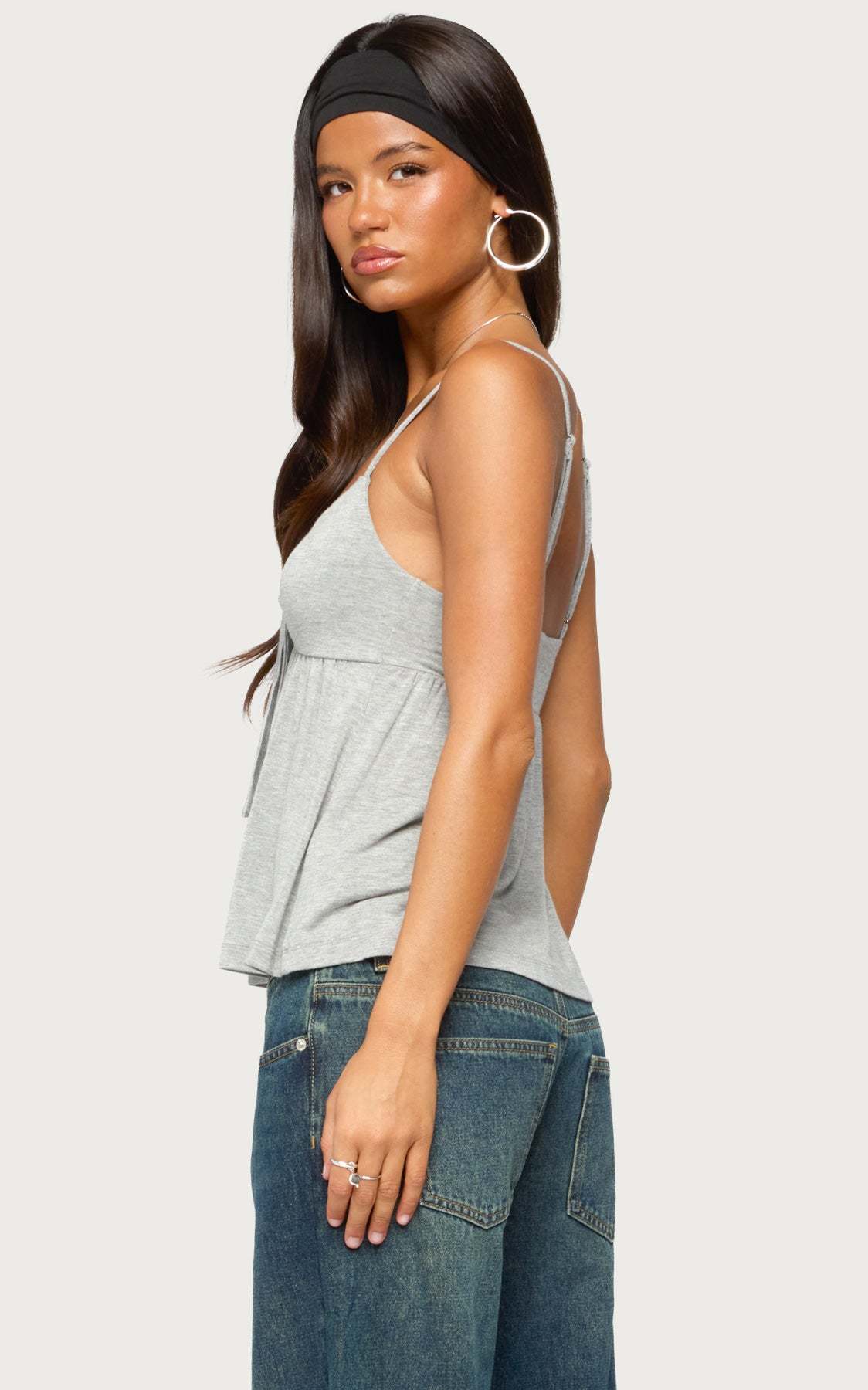 Michey Tie Front Babydoll Tank Top - GRAY-MELANGE