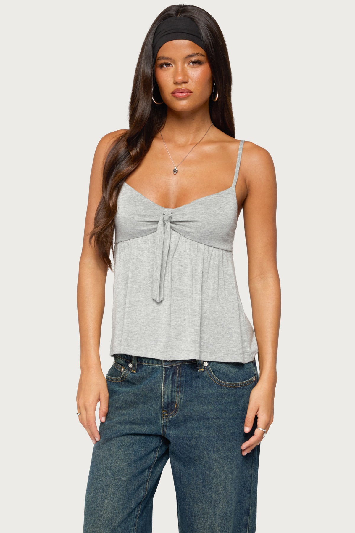 Michey Tie Front Babydoll Tank Top - GRAY-MELANGE