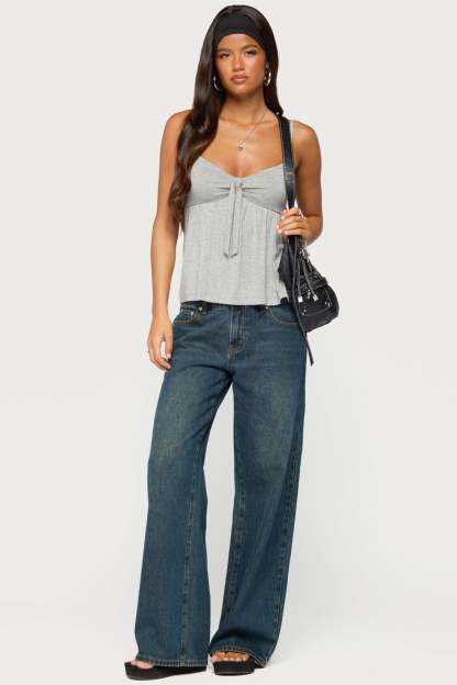 Michey Tie Front Babydoll Tank Top - GRAY-MELANGE