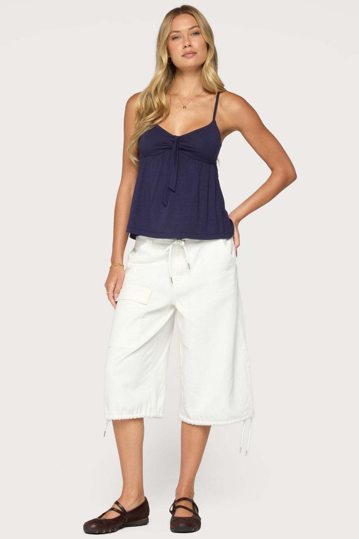 Michey Tie Front Babydoll Tank Top - NAVY